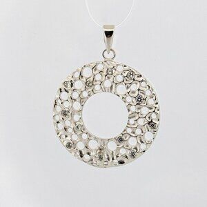 Elegant Sterling Silver Circle Pendant with Sparkling White Crystals, 5.8 Grams